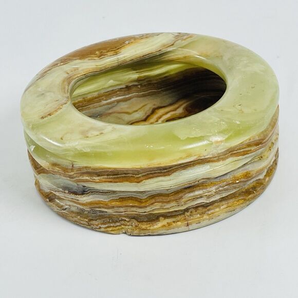 Stone Marble Onyx Green Brown Ashtray Trinket Dish Retro Heavy Vintage MCM 4in - Picture 9 of 12